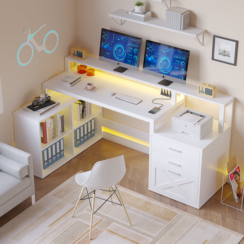 Ravleen 66'' W L-Shaped Computer Desk with Cube Shelves and Cabinet