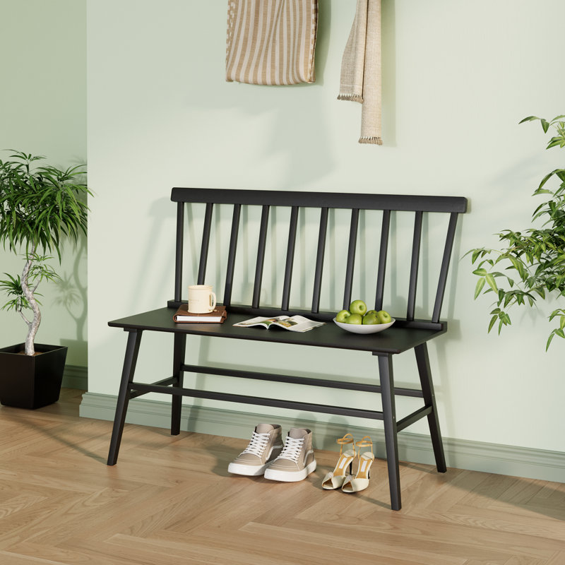 Bamboo Entryway Bench, Farmhouse Dining Bench with Spindle Back Wood Windsor for Foyer Balcony Living Room