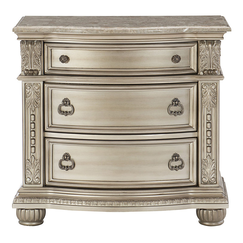 European Design 1Pc Nightstand With Genuine Marble Top, Modern Night Stand