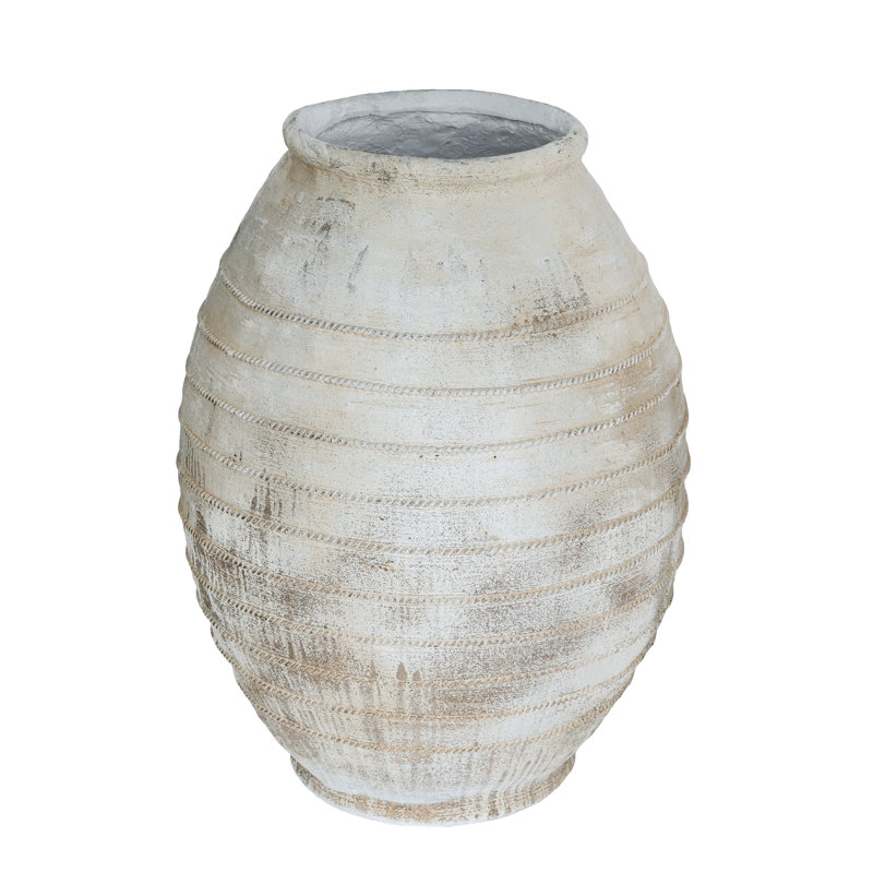 Large Magnesium Flower Pot With Weathered White Finish And Ridged Texture