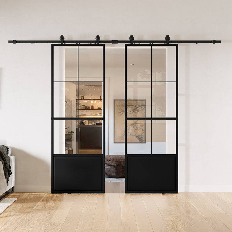 Metal and Glass Double Barn Doors with Hardware Kit (Soft-close Included)