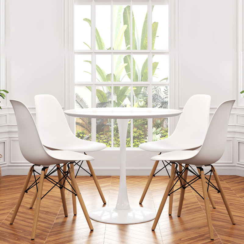 Modholic Tulip 36" Round Wood Dining Table & Set Of 4 Wood Leg Chairs, White (Set of 5)