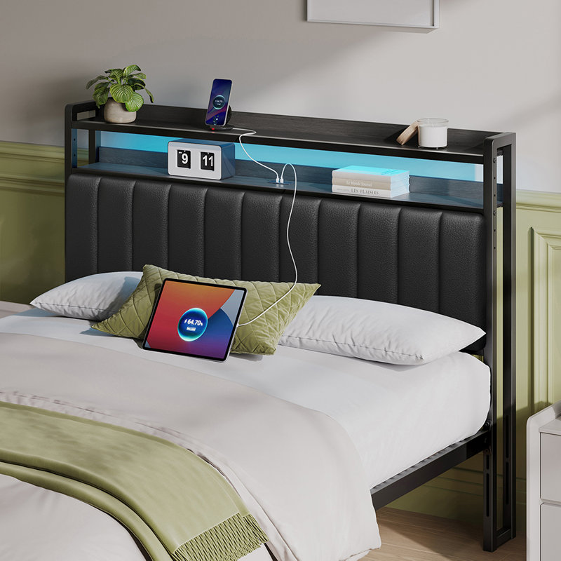 Upholstered Storage Headboard with LED Lights & Charging Station - Available in Twin, Full, Queen, King Size
