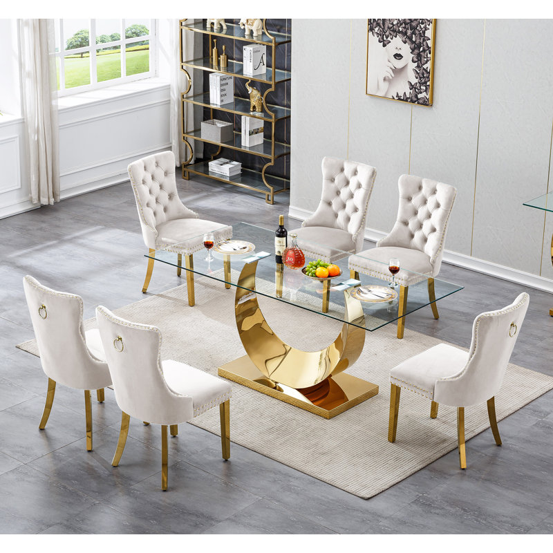 70" Glass Dining Table Set, Tempered Glass Dining Table with Velvet Dining Chairs, Luxury Glass Dining Table and Chairs with Stainless Steel Base for Kitchen Dining Room