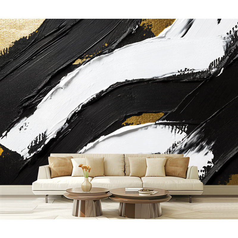 Peel and Stick Canvas Wallpaper Wall Mural Abstract Graffiti Black White Swirling Brushstrokes Gold Accents Wall Art Self Adhesive and Removable