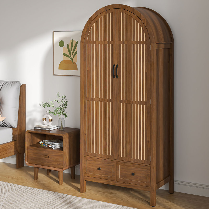 Armoire Wardrobe Closet with 2 Arched Fluted Doors, Wardrobe Cabinet with 2 Drawers, Wardrobe Armoire with Shelves and Hanging Rod for Bedroom