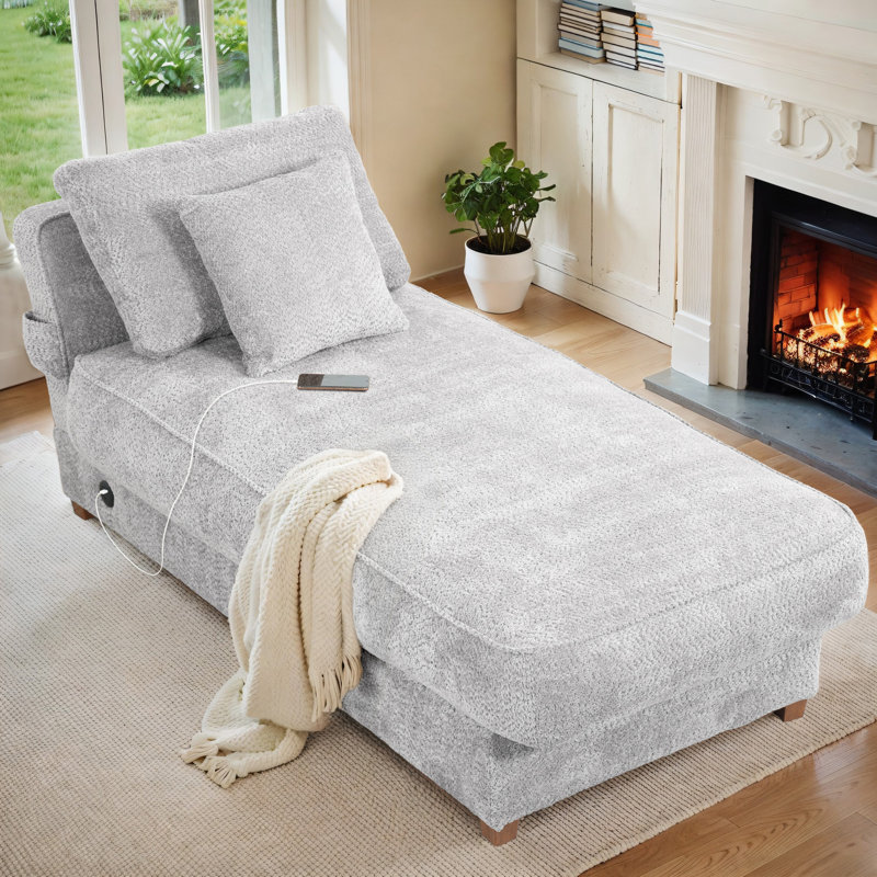 65" Chaise Lounge Chair Indoor With USB & Type C Charging Ports, Chenille Sleeper Lounge Sofa Bed With Side Pocket,Wood Framed Indoor Lounge Chair With Lumber Pillows For Living Room, Bedroom