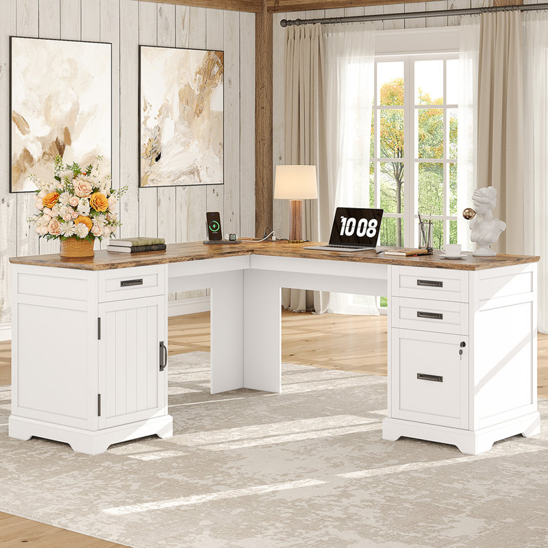 67'' Farmhouse L Shaped Desk with Drawers, Home office Corner Computer Desk with File Storage and Charging Station Incomplete 