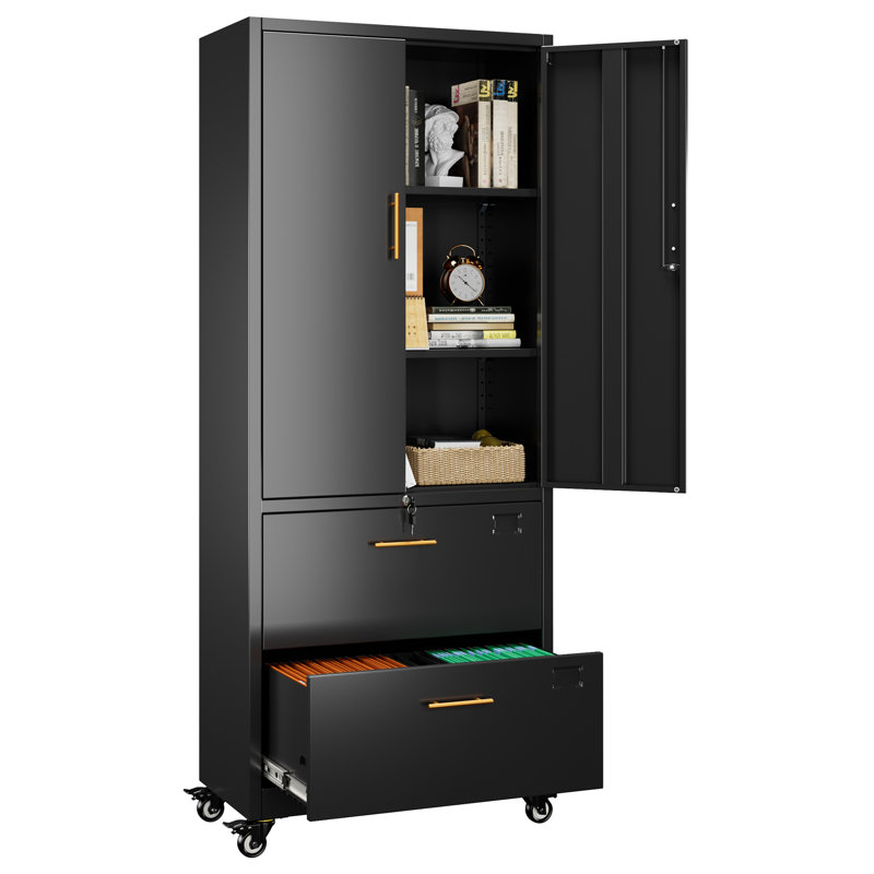 29.92 In. W×70.87 In. H×14.96 In. D 2-shelf And 2-drawer File Cabinet With Lock And Wheels, Metal File Cabinet, Modern Freestanding Cabinets, Bookshelves, Assembly Required, Black