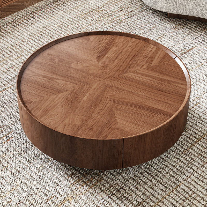 Shanea Industrial Walnut Round Coffee Table with Storage Drawers for Living Room and Home Office