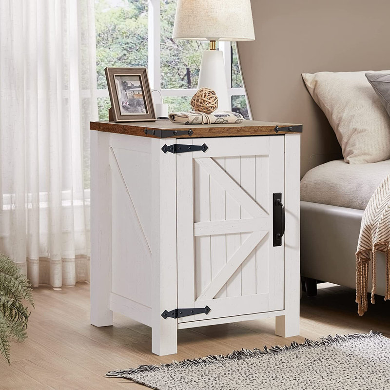 Clairese 24'' Tall Farmhouse End Table With Charging Station, Wood Nightstand With Adjustable Shelf, Built-In Outlets