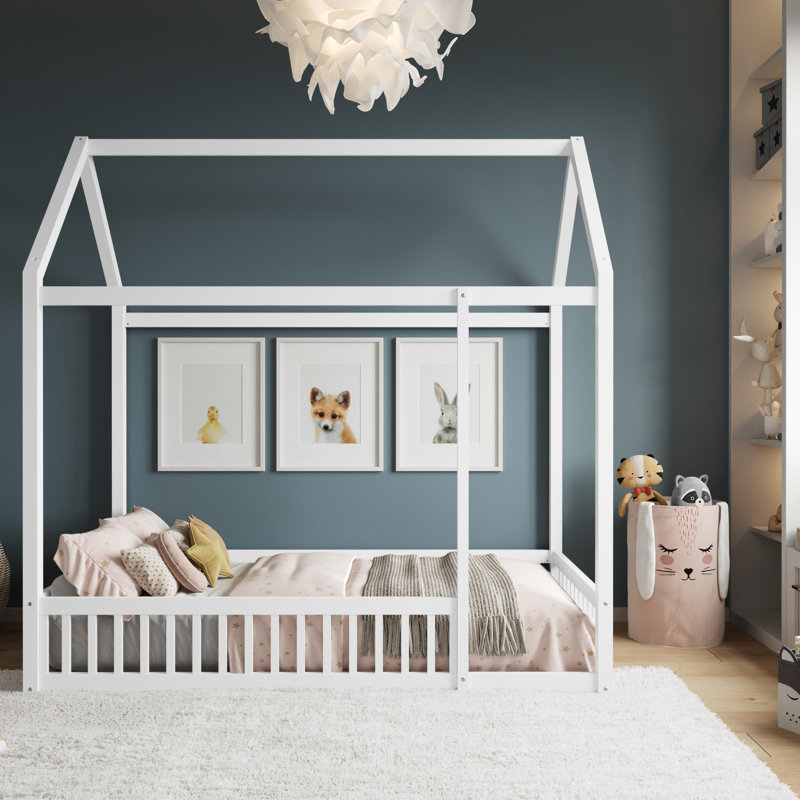 Aurey Wooden House Shaped Floor Bed With Fence And Wood Slatted Foundation