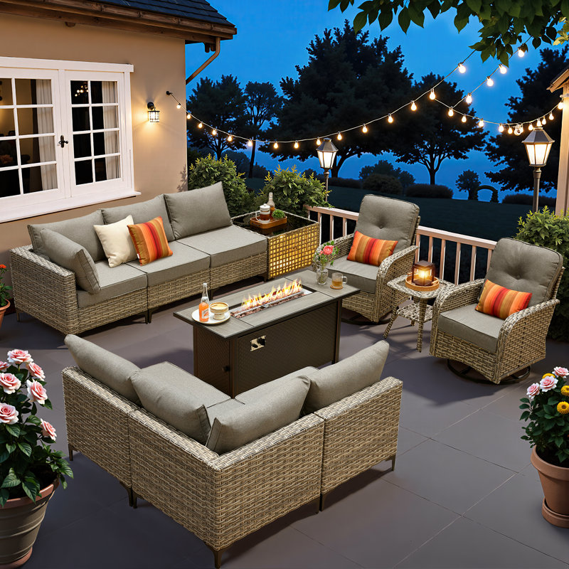 Daltry 11-Piece Rattan Outdoor Patio Furniture Set with Propane Fire Pit & Solar-Powered Lighting – Luxury Modern Patio & Outdoor Furniture for Entertaining