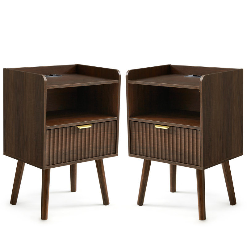 1 - Drawer Nightstand With Charging Station, Modern End Table With Open Compartment (Set Of 2)