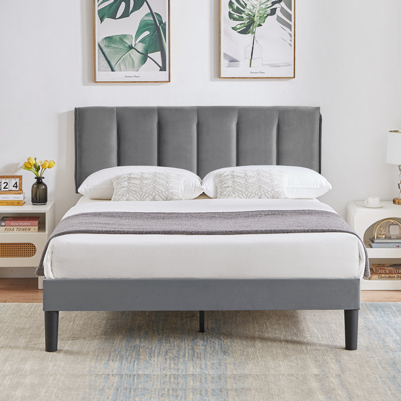 Auxter Full Bed Frame with Adjustable Headboard, Velvet Upholstered Full Size Platform Bedframe with Vertical Channel Tufted Headboard, Wooden Slats Support, Fully Upholstered Mattress Foundation, No Box Spring Needed