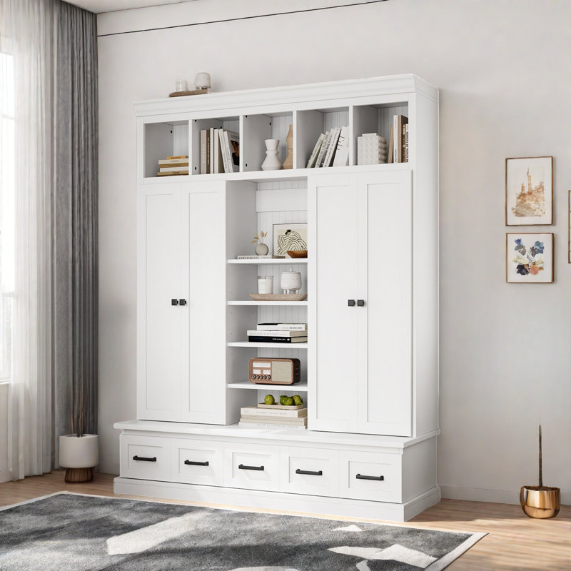 Hall Tree With Bench, 5 Storage Cubbies, 4 Doors, 5 Drawers, Adjustable Shelves And Unique Layered Design