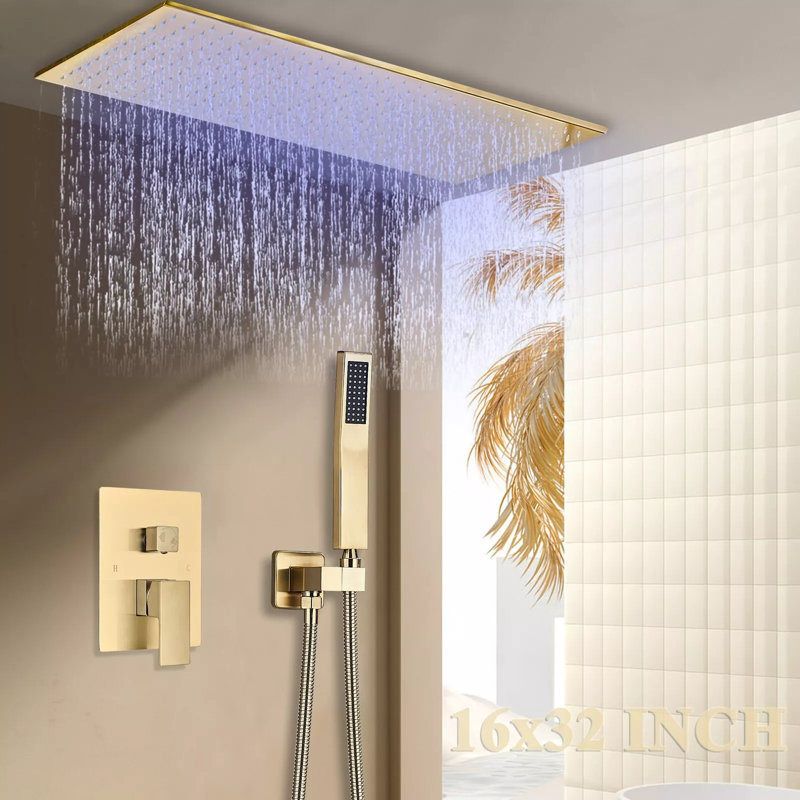 Brushed Gold Shower Faucet Set 16x32 in LED Rain Shower Head Combo Ceiling Mount 6B2K-LJ4080HDWWS