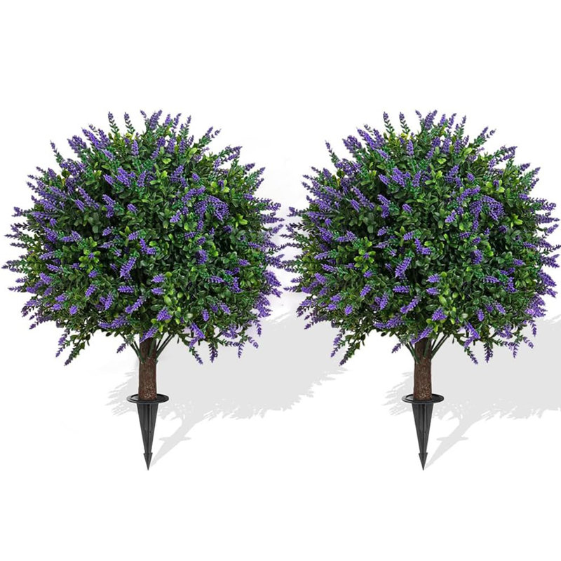 set of 2 artificial lavender boxwood 28" topiary ball bush for outdoor with ground spike, uv resistant faux greenery shrubs
