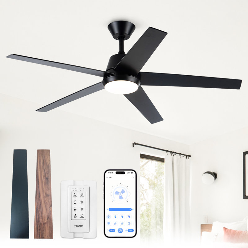 Vaczon 52" Modern Smart Double Sided Wood Blades LED Ceiling Fan with APP and Remote Control, Dimmable 3CCT Lights, 6-Speed Reversible DC Motor, Timer, 6''/10'' Downrods