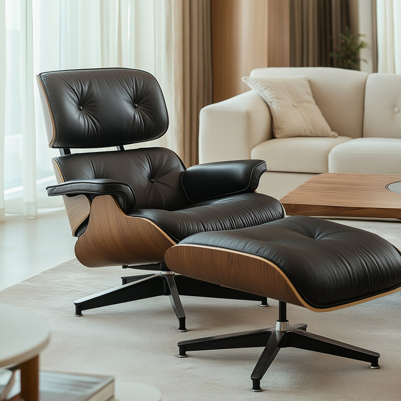 Genuine Leather Swivel Lounge Chair With Ottoman And Solid Wood Frame Mid-Century Modern Accent Chair For Home