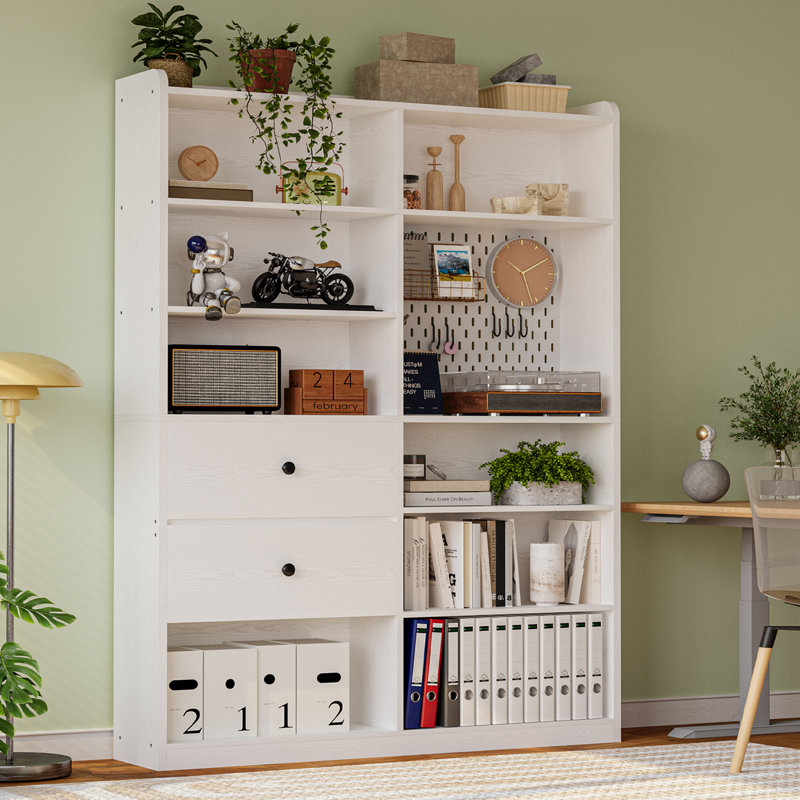 79" H X 55" W 8 Cubby Display Book Shelves With Pegboard And Deep Drawer