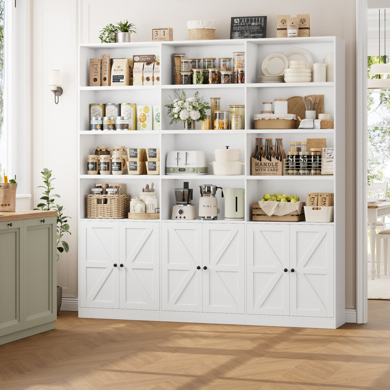70.9" Wide Bookshelf, Tall Bookcase with 12 Open Shelves and 3 Cabinets, Large Wooden Bookshelves