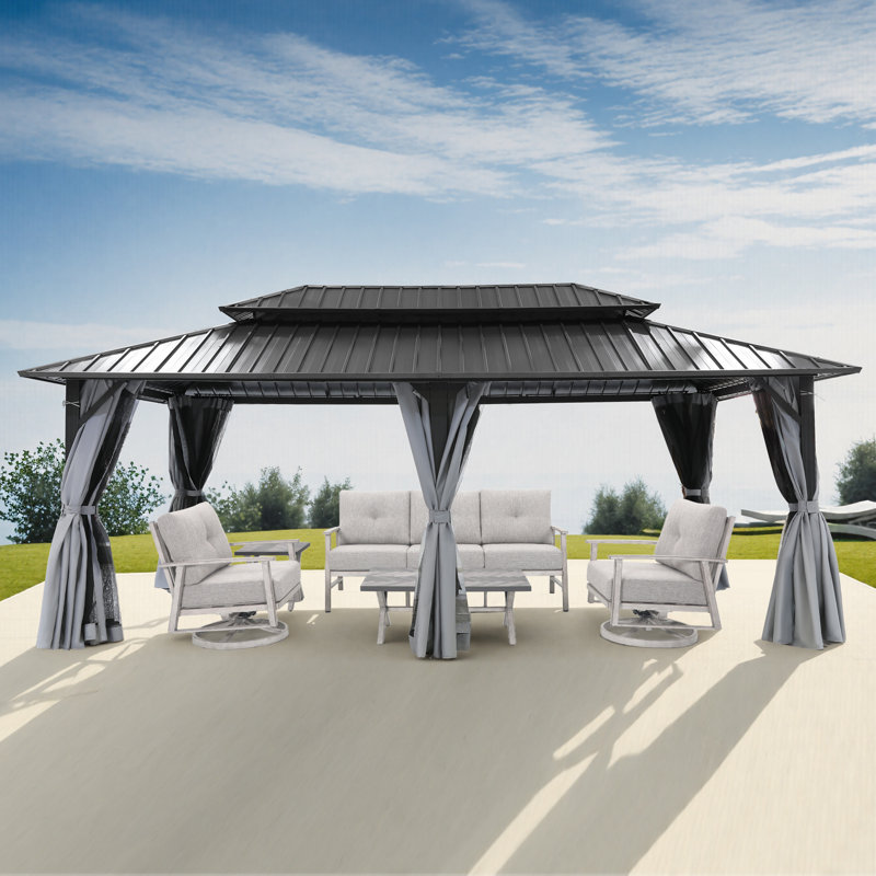 SeeHill 12' x 20' Hardtop Gazebo, Outdoor Patio Gazebo, Aluminum Frame Patio Hardtop Gazebos with Netting and Curtain, Outdoor Patio Pergola with Double Steel Roofs for Deck, Lawns, Parties, Sandstone