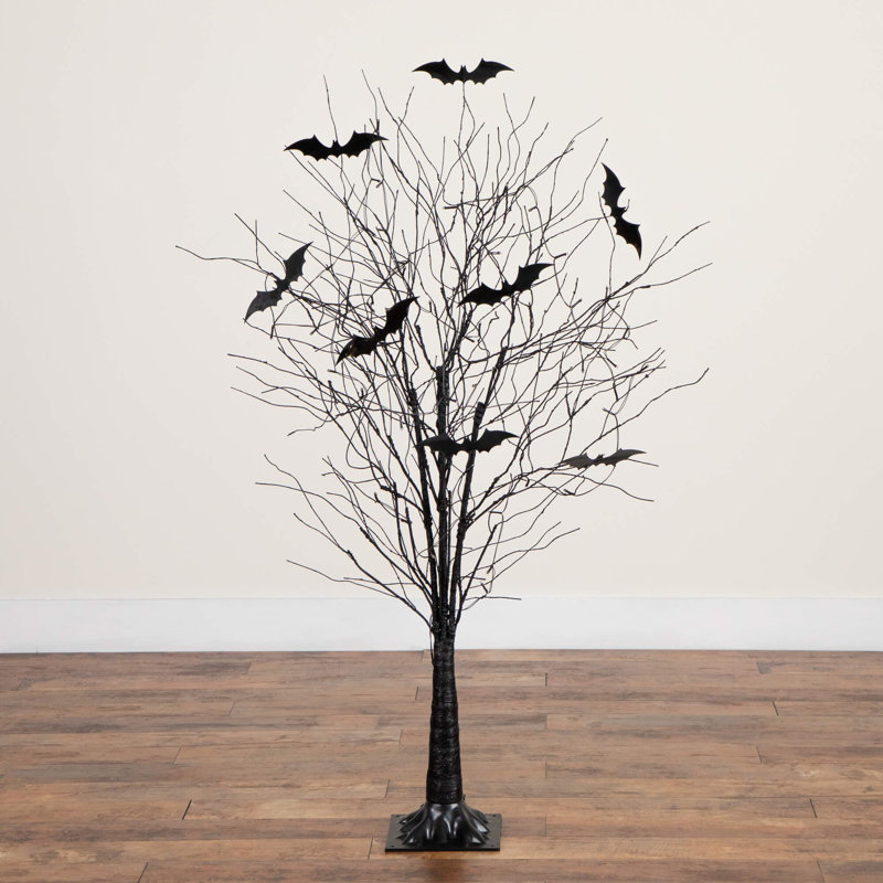 Pre-Lit Artificial Halloween Black Twig Tree With Bats And 50 Warm White LED Lights