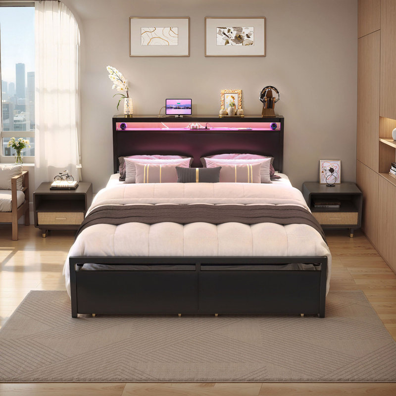 Amatury Bed with Storage Headboard, 2 Storage , Charging Station and LED Lights