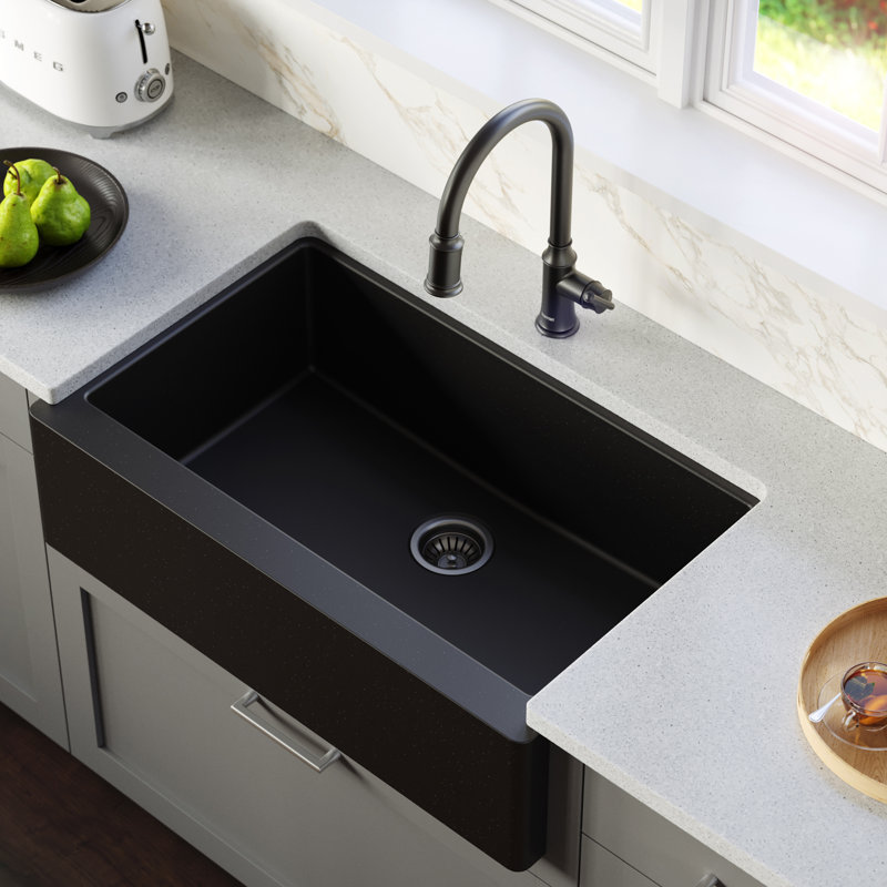 Karran Farmhouse/Apron-Front Quartz Composite 34'' X 21-1/4'' Single Bowl Kitchen Sink QA-740-BL