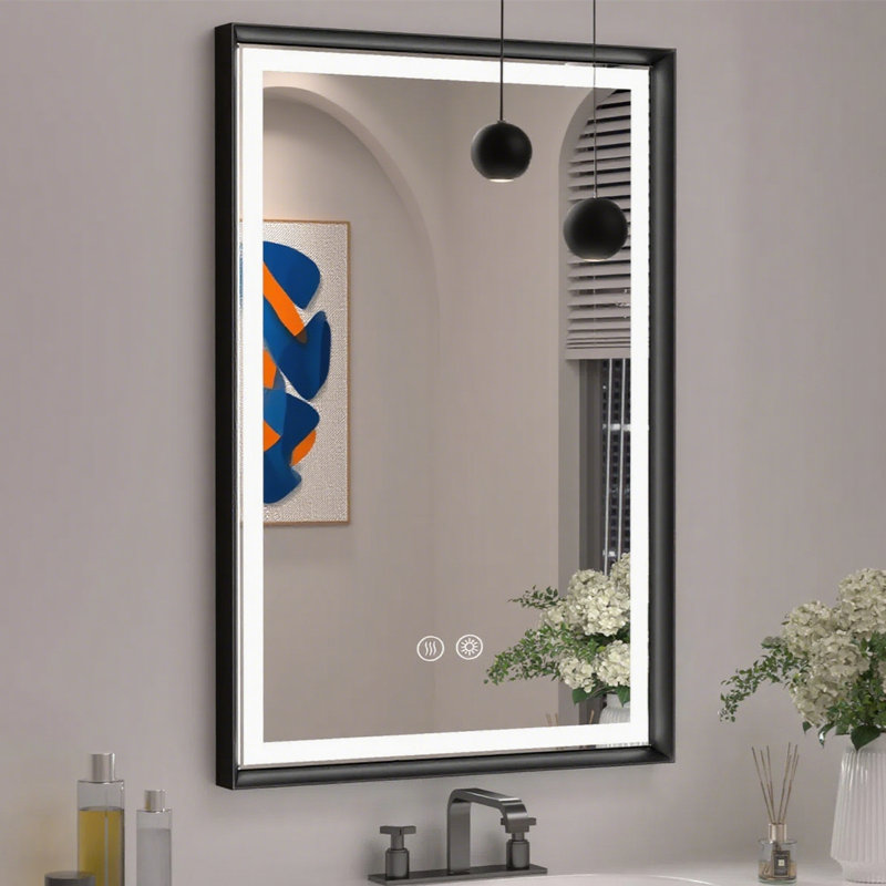led bathroom vanity mirror with anti-fog and dimmable light, aluminum frame wall mirror