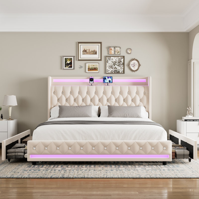 Glastonbury Upholstered Wingback Bed, 4 Drawers Storage Bed with LED Light