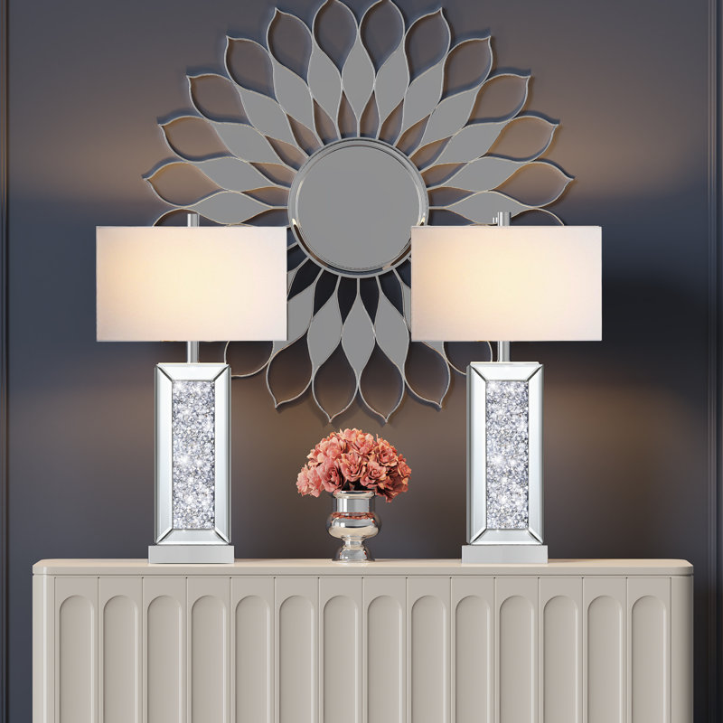 25 inches Keyanna Table Lamp, Silver Mirror Crystal Dimmable Bedside Lamp with USB Ports (Set of 2)