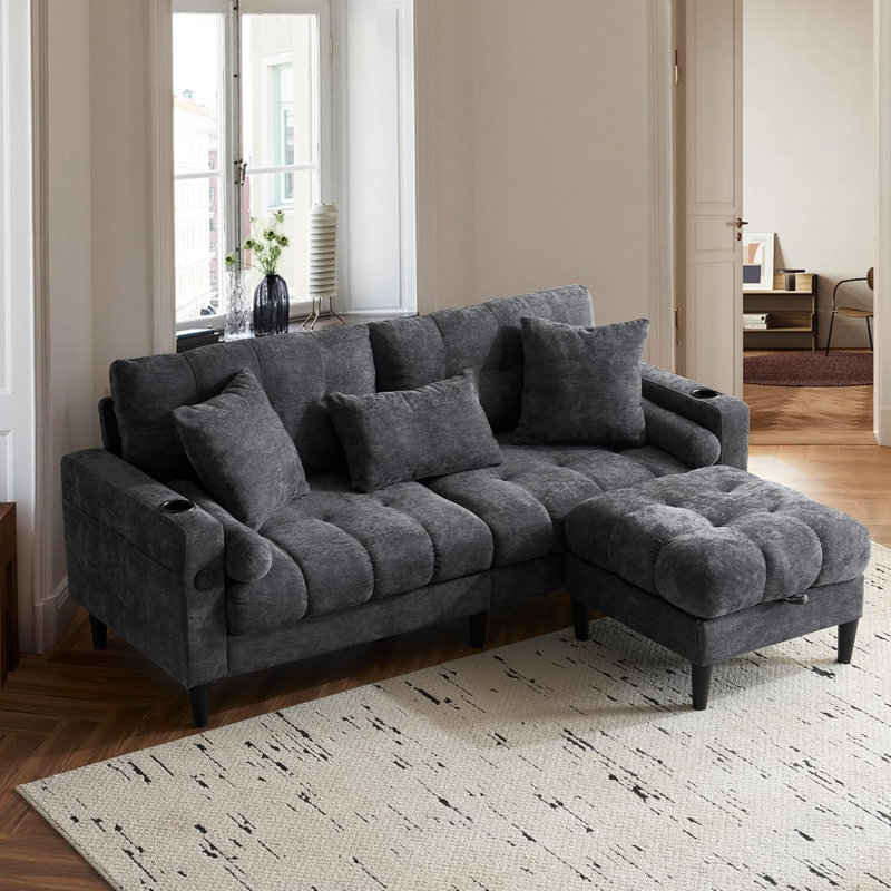 77.2" Wide Sectional Couches Sofas with Storage Chaise, 3 Seat Chenille Upholstered Sofa with Ottoman, Gray