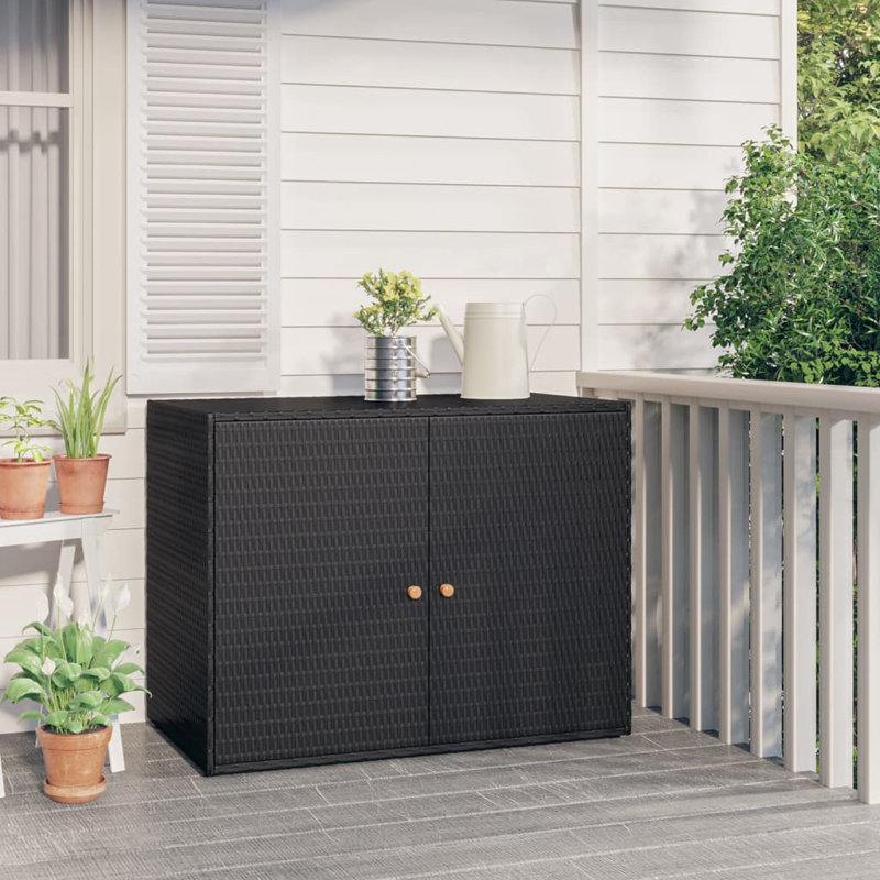 vidaXL Garden Storage Cabinet, Outdoor Tool Chest, Black Poly Rattan with Solid Acacia Wood Door Knobs, Powder-Coated Steel Frame, Weather-Resistant Design, 39.4"x21.9"x31.5"