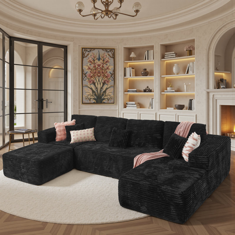 Koyu 6-Person Cloudelle Plush Corduroy Fabric Cloud Sectional With U-Shape Chaise,Modern Modular Sofa With Deep Seat, Upholstered Couch For Living Room Bedroom,No Assembly Required