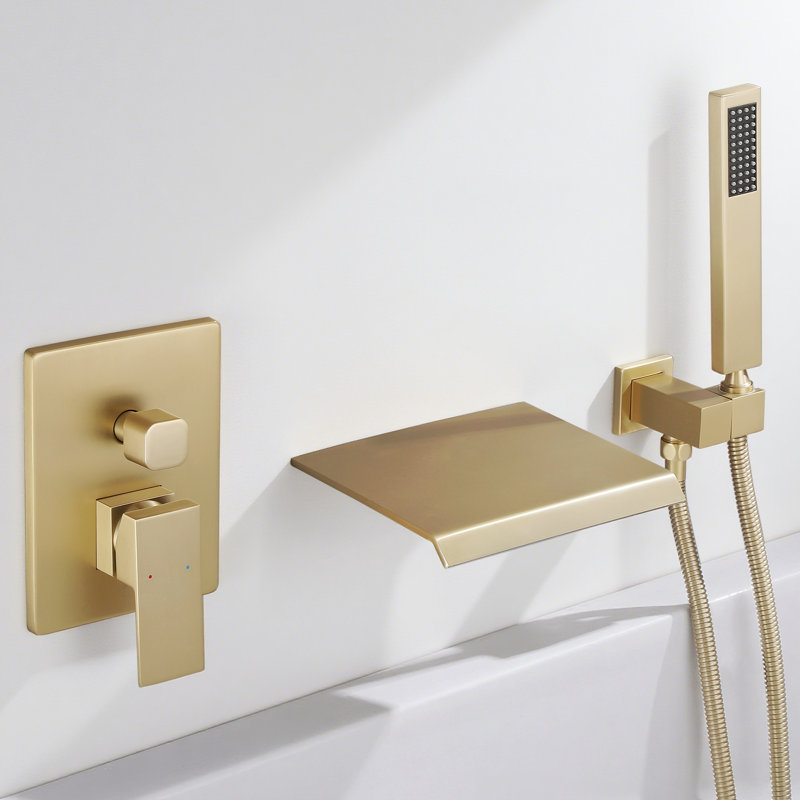 8" Solid Brass Waterfall Bathtub Faucets with Anti-Scald Pressure Balance Valve, Wall Mounted Tub Spout with Handshower AGJK0040