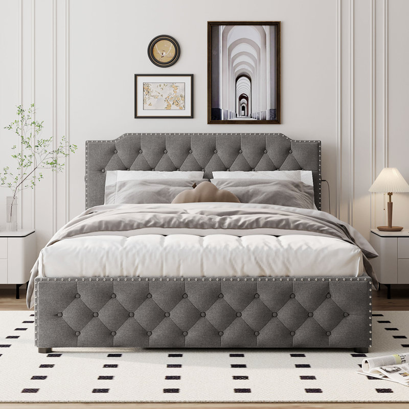 Queen Size Upholstered Platform Bed with Twin Size Trundle and 2 sets of USB Ports on each side, Linen Fabric