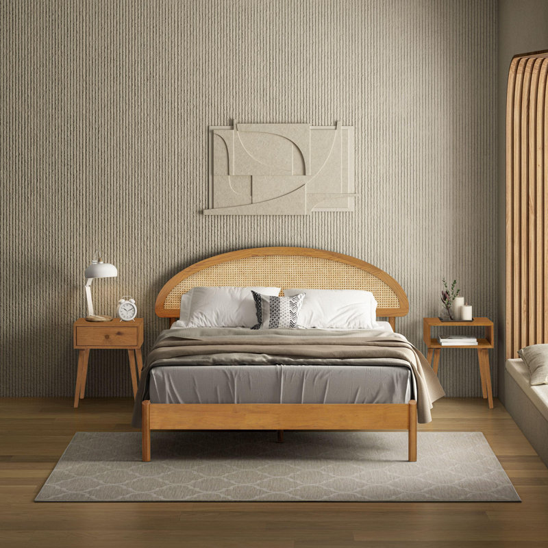 Gem Solid Wooden Bed Frame With Headboard And Natural Rattan, 1000 Lb Capacity