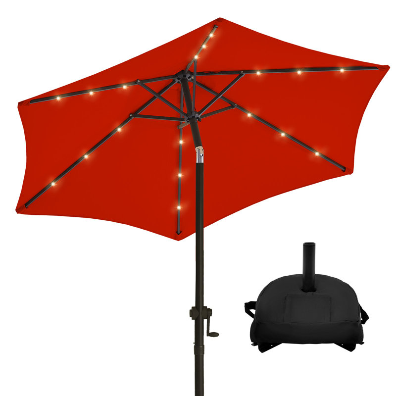 Solar LED Lighted Market Patio Umbrella with Base & Push Button Tilt
