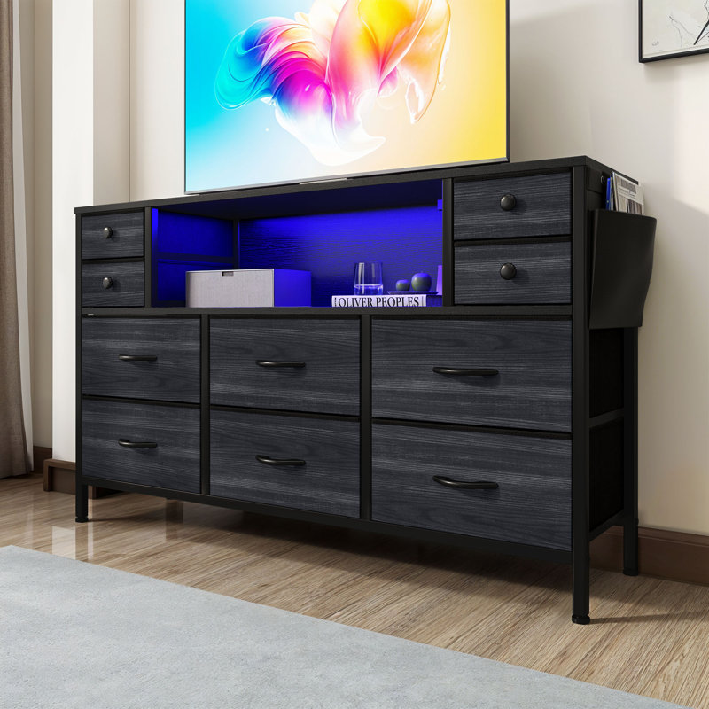 Giachetti 10 - Drawer Dresser for Bedroom TV Stand 55 inch Media Console Table with LED Side Pockets & Hooks