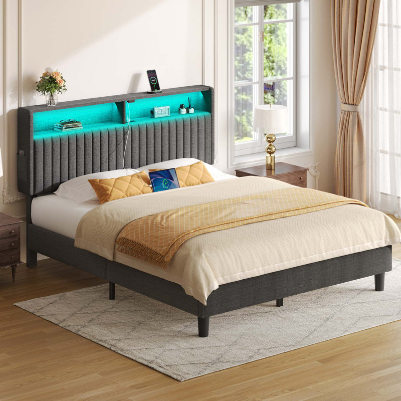 Bed Frame with Headboard, Modern Upholstered Design, Built-In Charging Station & LED Lighting, No Box Spring Needed