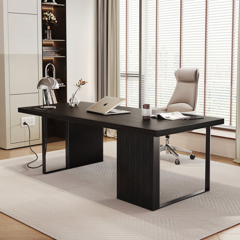60" Executive Office Desk With Built-in Power Outlet, Modern Computer Desk For Home Office
