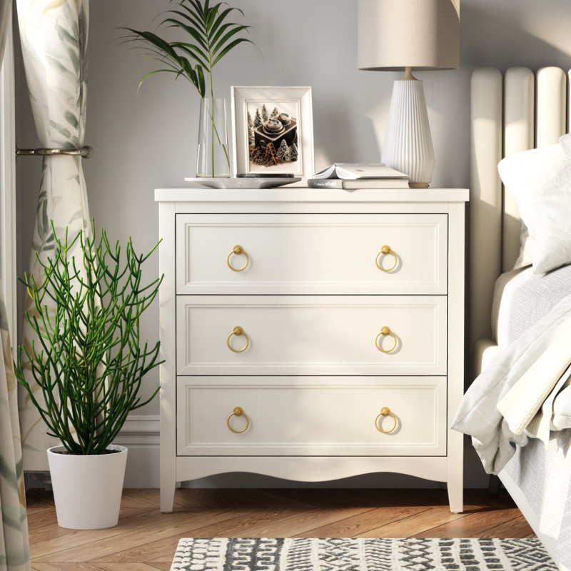 farmhouse fully-assembled white 3-drawer dresser chest, vintage nightstand with bronze metal ring handles
