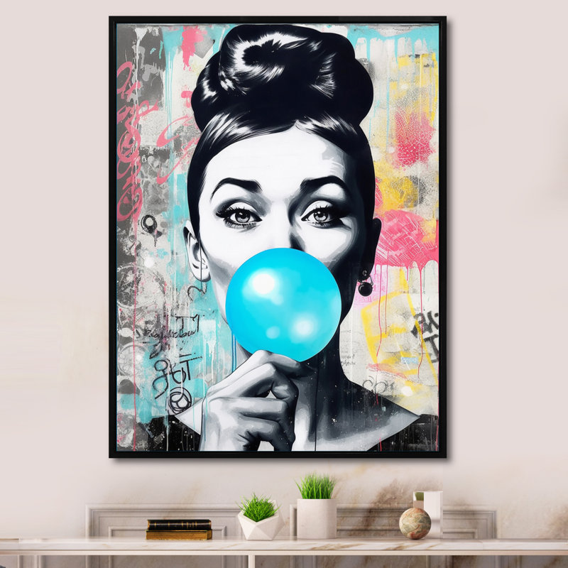 Audrey Hepburn Blue Bubble Gum - Celebrity Framed Canvas Print