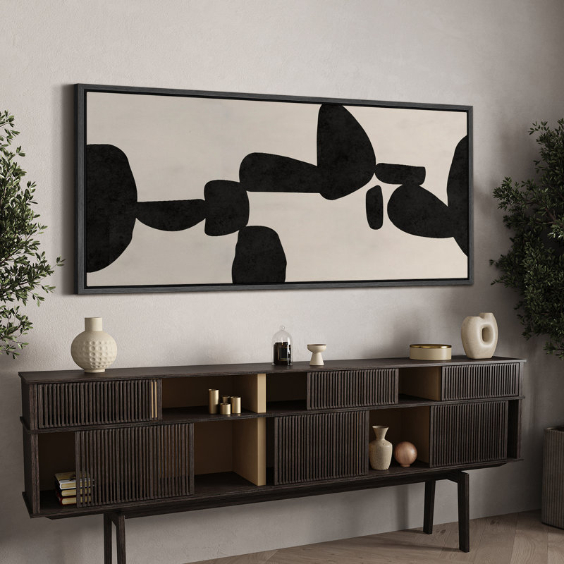 Abstract Faded Black Geometric Mid Century Modern Neutral Extra Large Framed Canvas Print Wall Art
