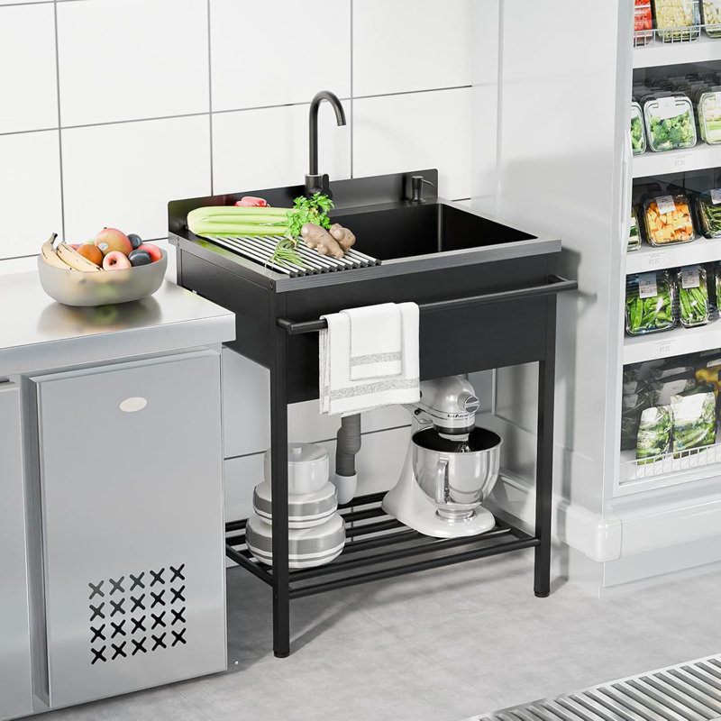 Freestanding Stainless Steel Utility Sink Laundry/Kitchen Sink with Faucet & Draining Rack H1G47000970 Incomplete 