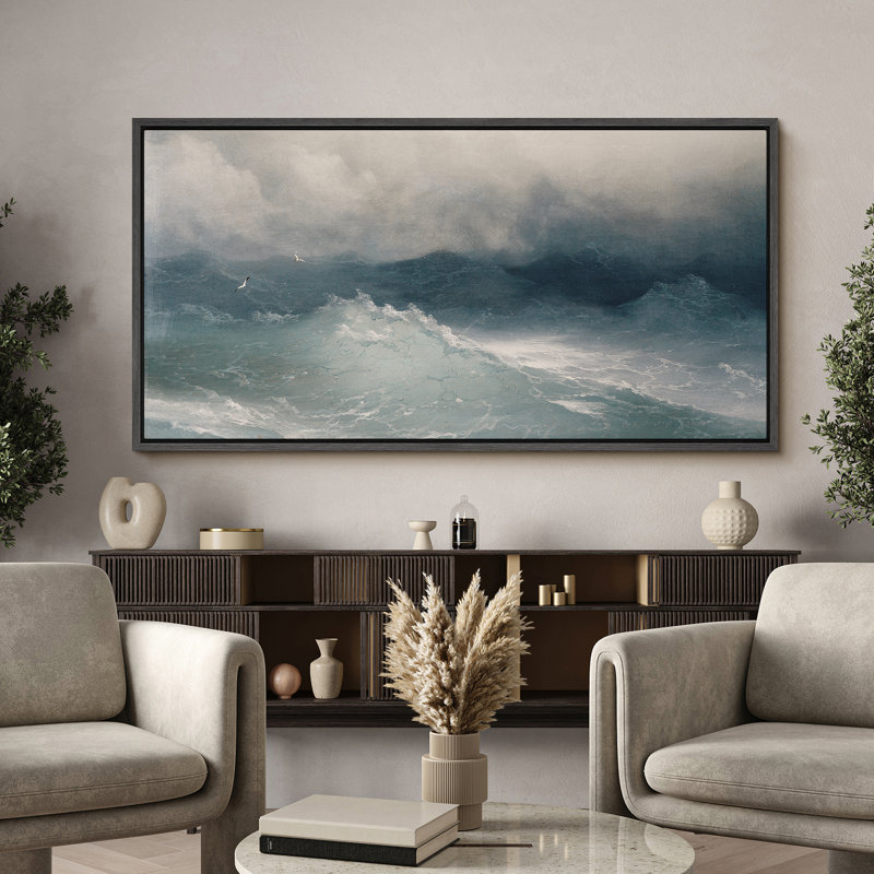 Moody Blue Nautical Ocean Waves Coastal Extra Large Framed Wall Art Oversized Canvas Print