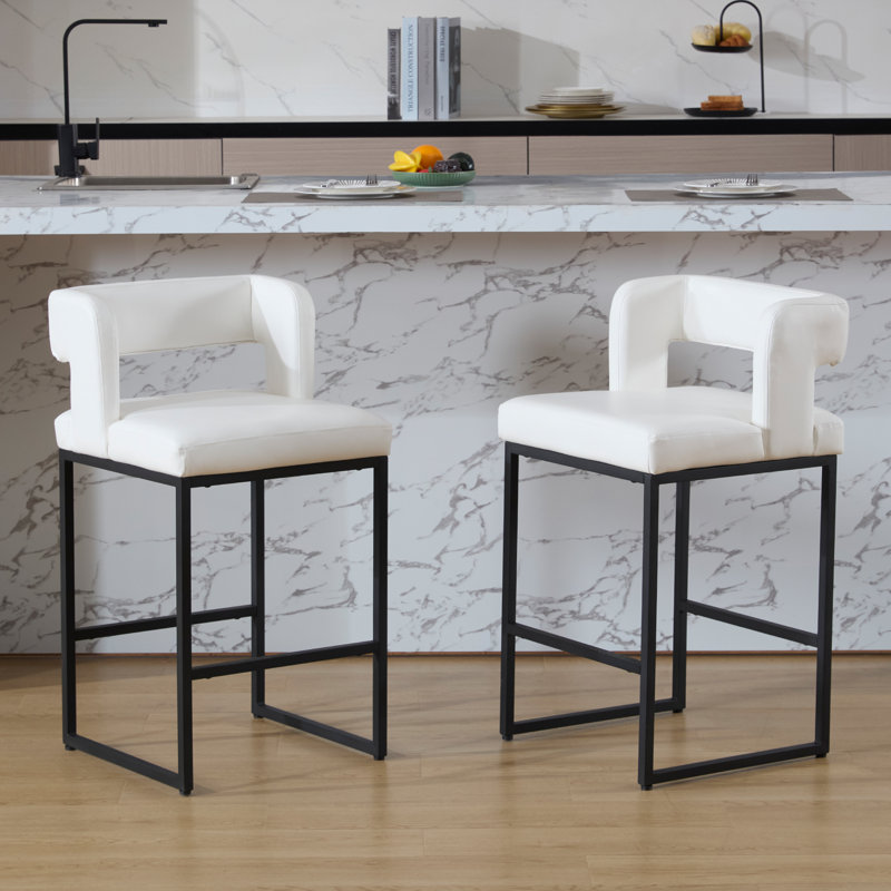 26’’ upholstered faux leather hollow back counter stool with metal frame, modern round arms counter height bar stool for kitchen island/dining room/home pub (set of 2)