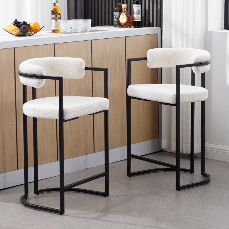modern upholstered hollow bar stool with armrests and footrests, barrel high stools (set of 2)